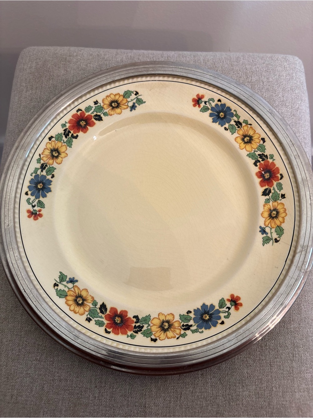 Set of 2 Vintage Floral Rim Ceramic Dinner Plate - Yellow, Red, Blue Flowers